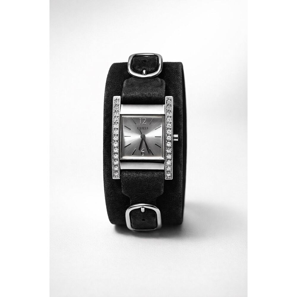 GUESS Black Leather Wrap Watch G66222L Suede Strap Crystal Square Face